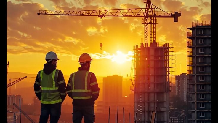 Two construction workers admire a vibrant sunset 2